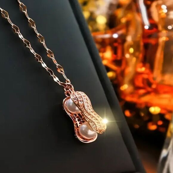 14K Rose Gold Plated Diamond Peanut Pearl Pendant Necklace - Picture 3 of 3